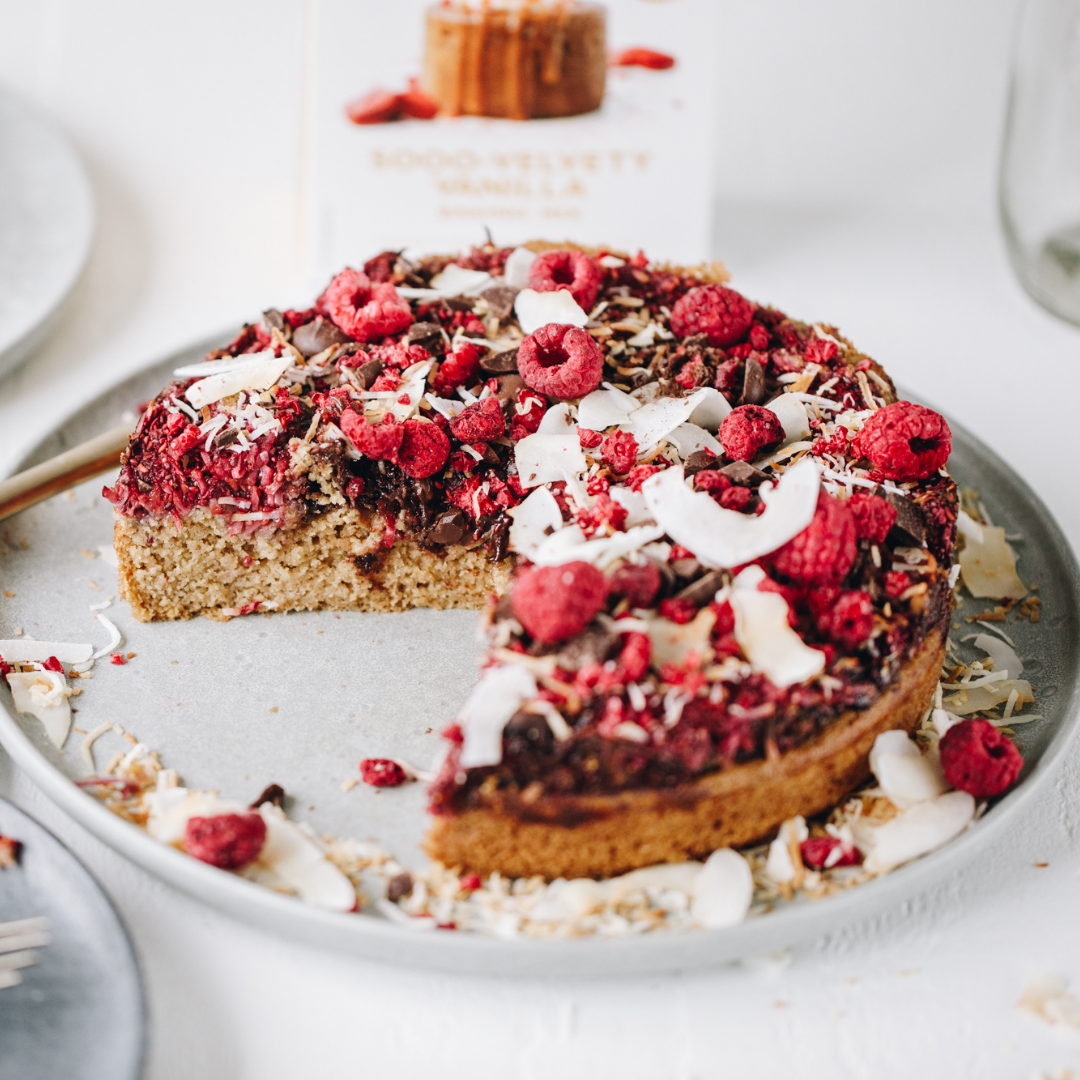 Raspberry Chia Coconut Baked Vanilla Cake