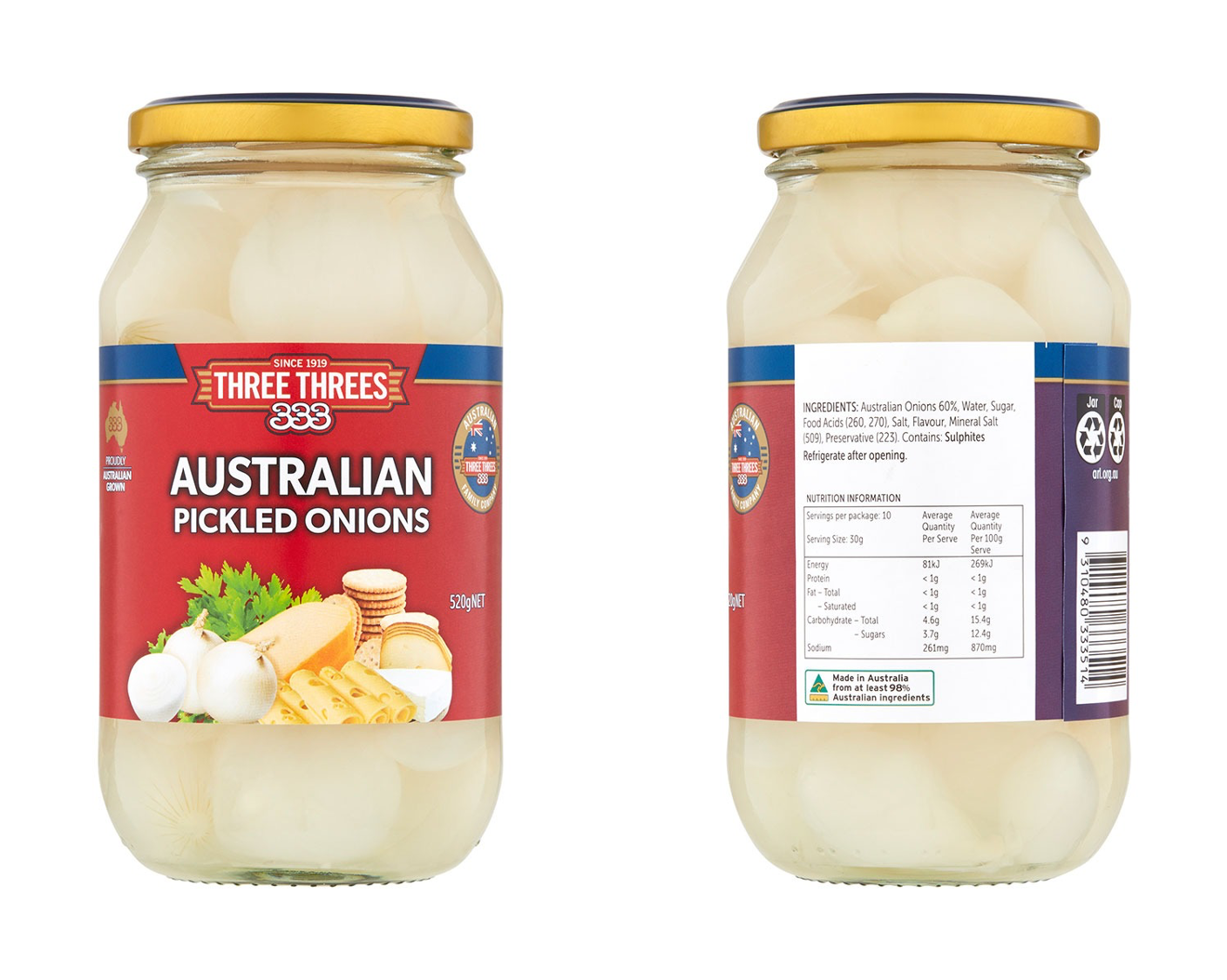 Three Threes Australian Pickled Onions 520g
