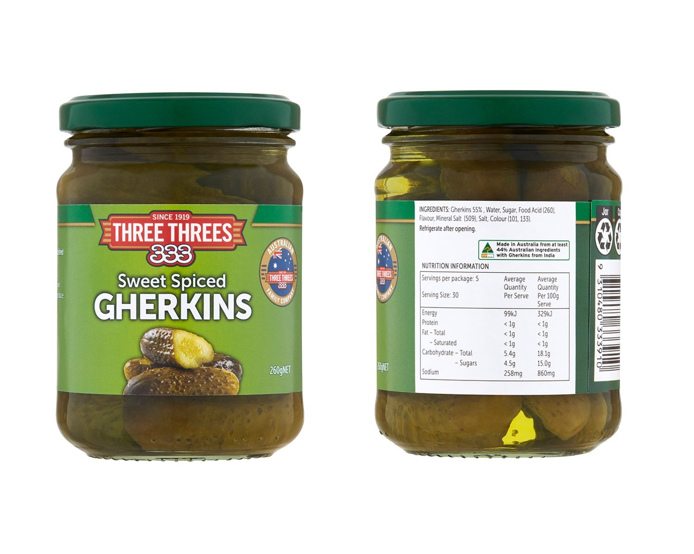 Three Threes Sweet Spiced Gherkins 260g