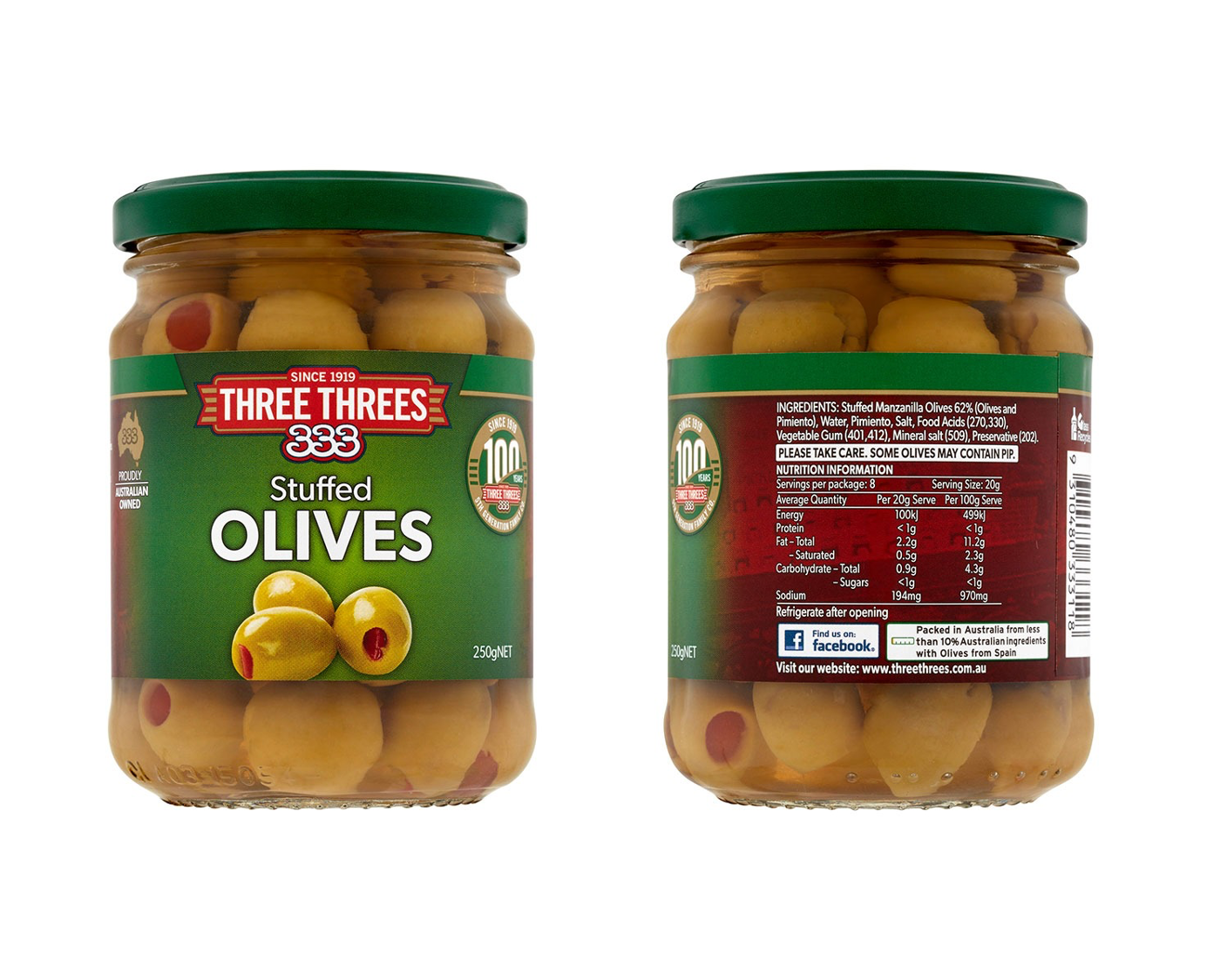 Three Threes Stuffed Olives 250g