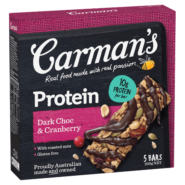 Carmen's Protein Bars Dark Choc & Cranberry 40g - 5pk DATED 11/11/25