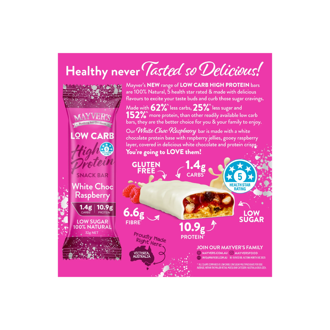 Mayver's Low Carb High Protein White Choc Raspberry Bar 32g