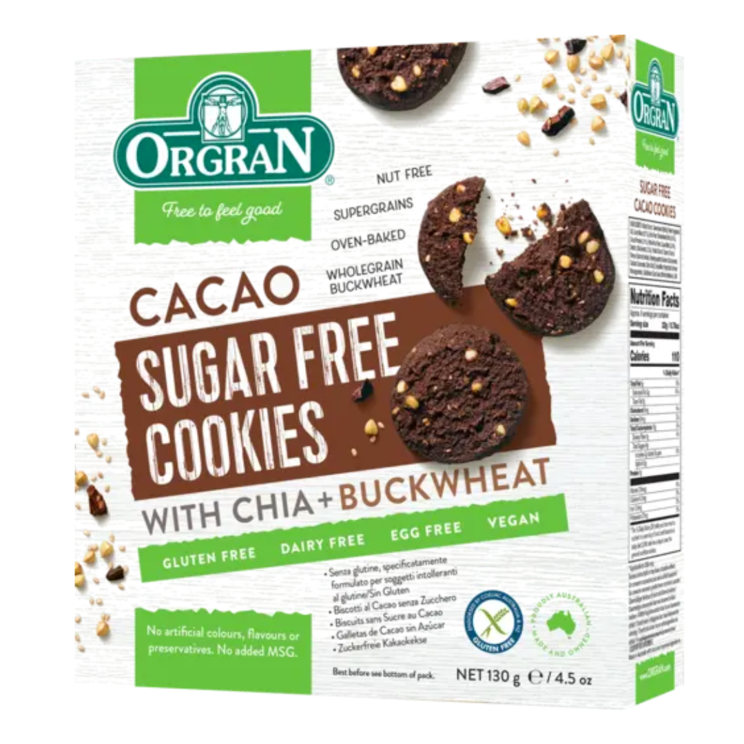 Orgran Cacao Sugar Free Cookies with Chia & Buckwheat 130g