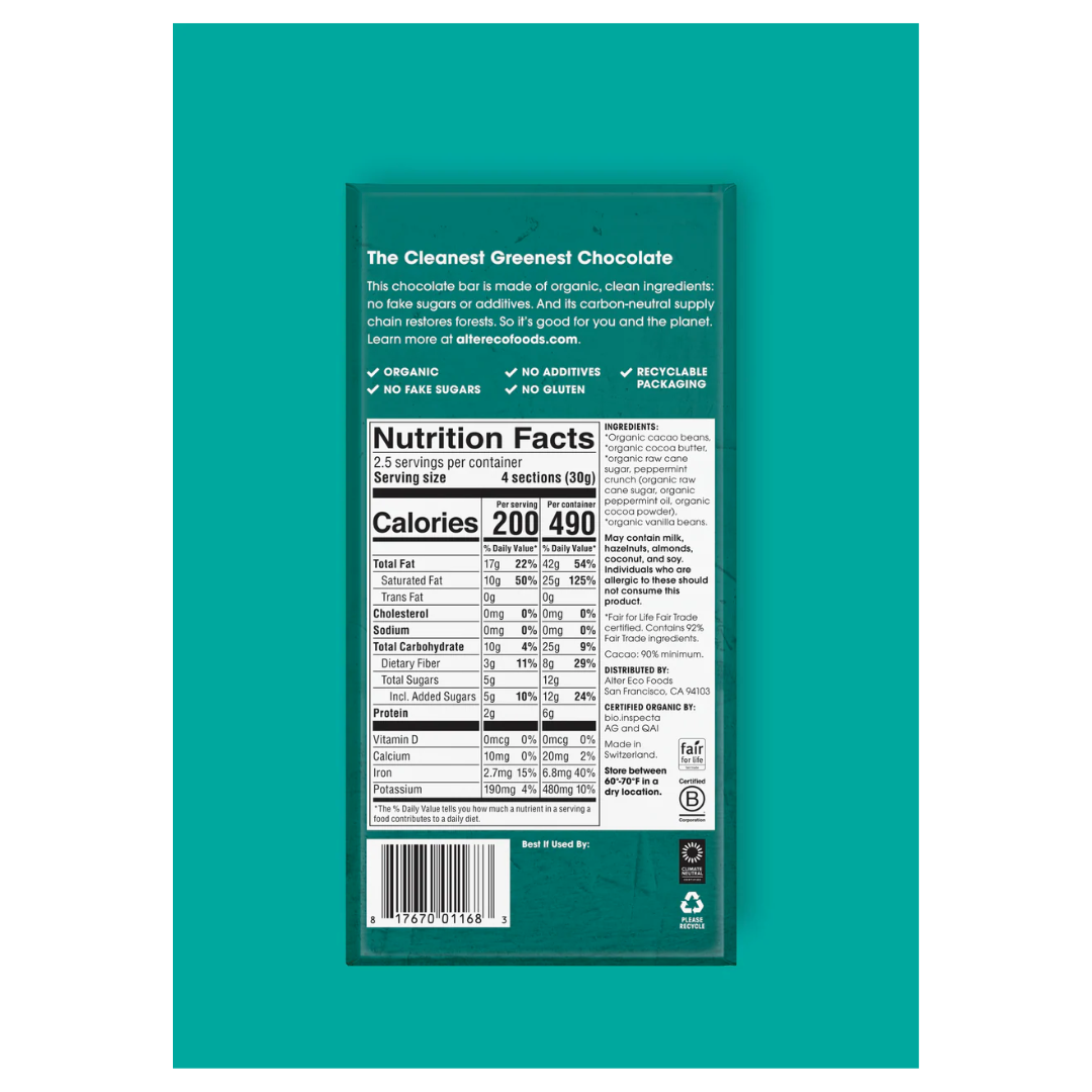 Alter Eco Organic Chocolate Bar Mint Blackout 90% Cacao 75g