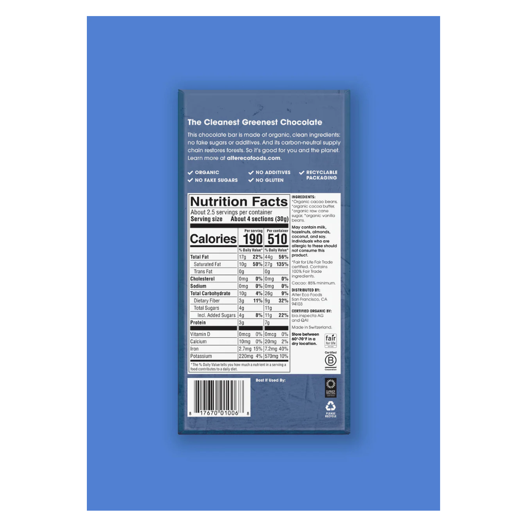 Alter Eco Organic Chocolate Bar Classic Blackout 85% Cacao 80g