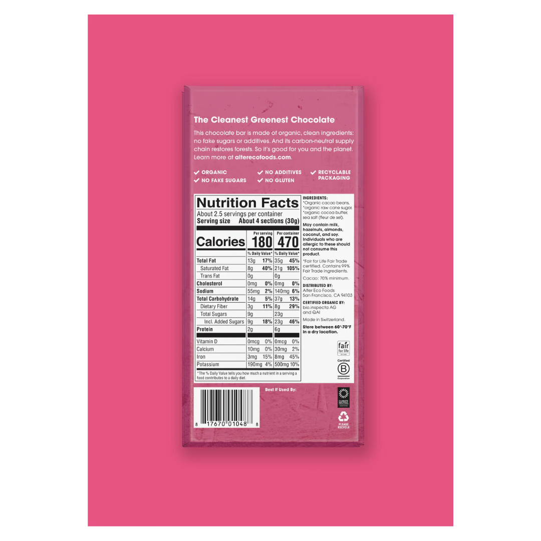 Alter Eco Organic Chocolate Bar Sea Salt 70% Cacao 80g