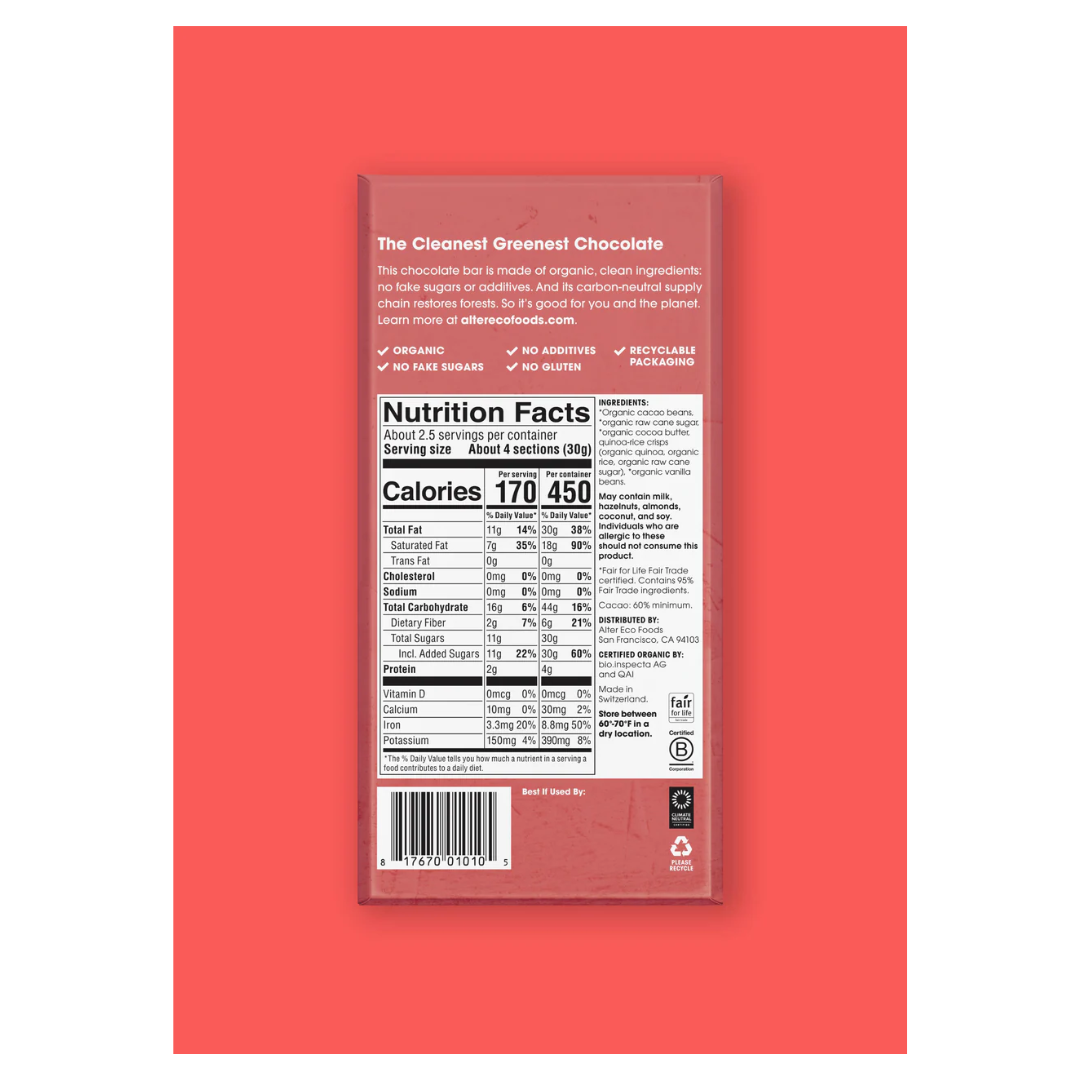 Alter Eco Organic Chocolate Bar Quinoa Crunch 65% Cacao 80g
