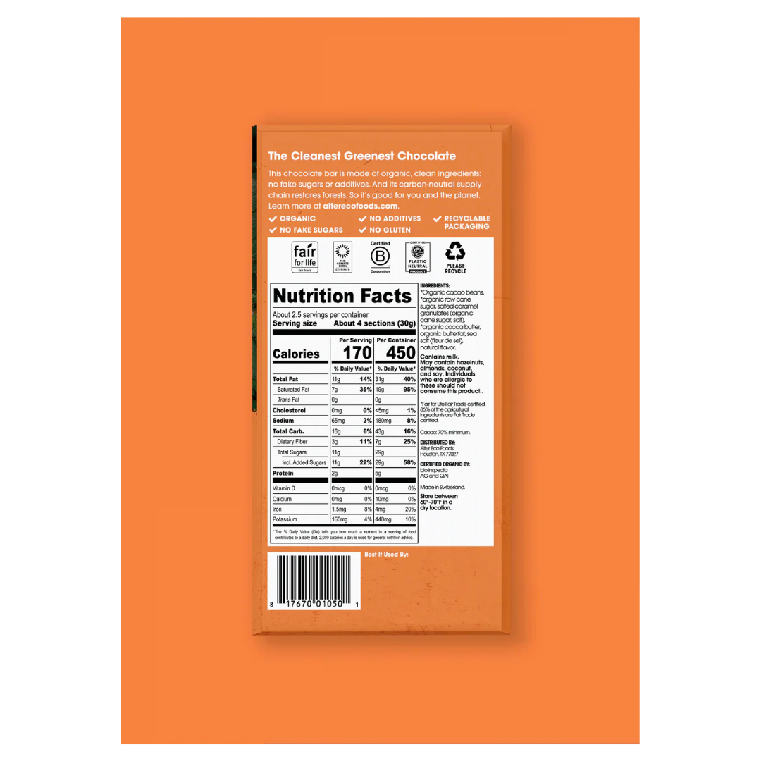 Alter Eco Organic Chocolate Bar Dark Burnt Caramel 70% Cacao 80g