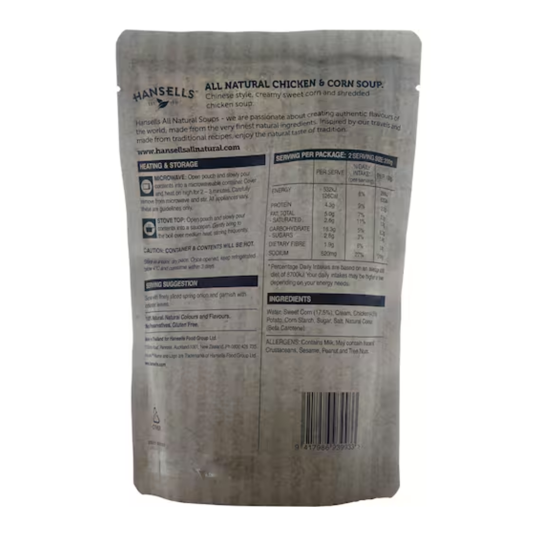 Hansells All Natural Soup Chicken & Corn Pouch 400g