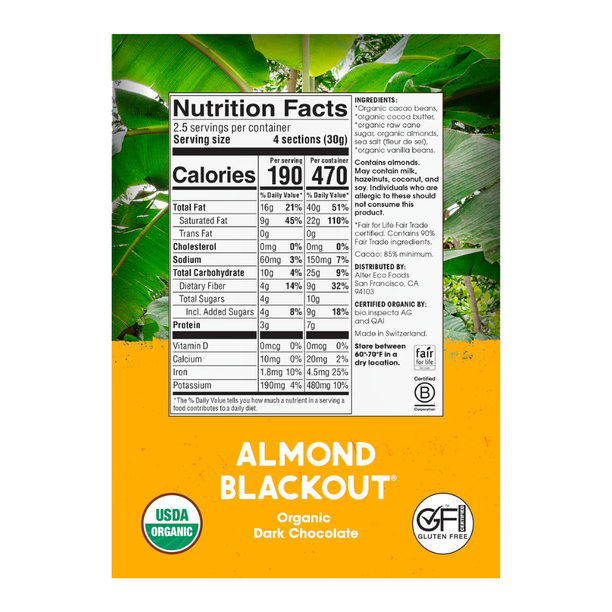 Alter Eco Organic Chocolate Bar Almond Blackout 85% Cacao 75g