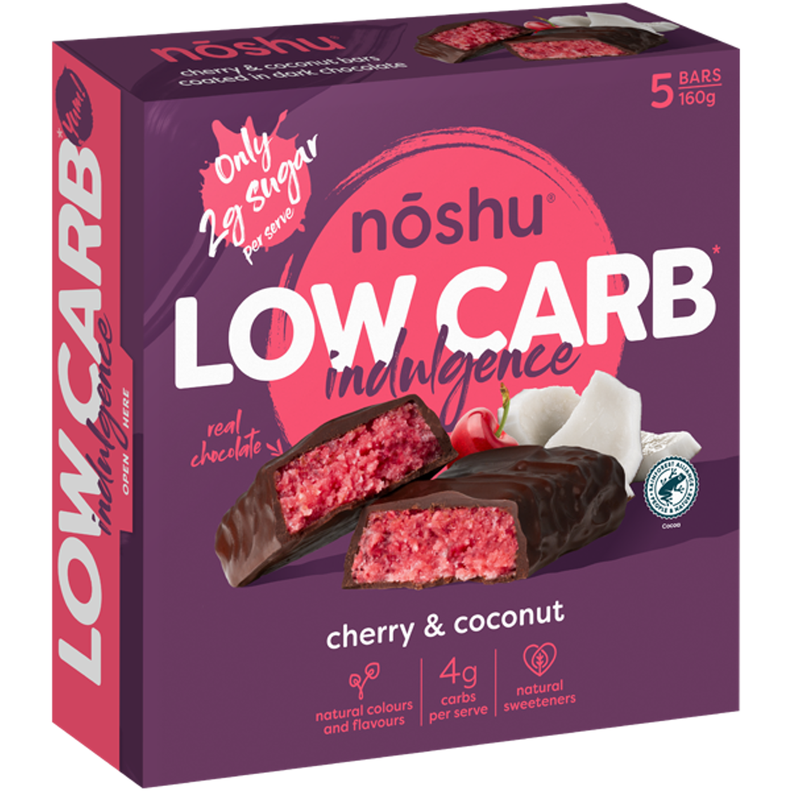 Noshu Low Carb Indulgence Cherry & Coconut Bars 160g